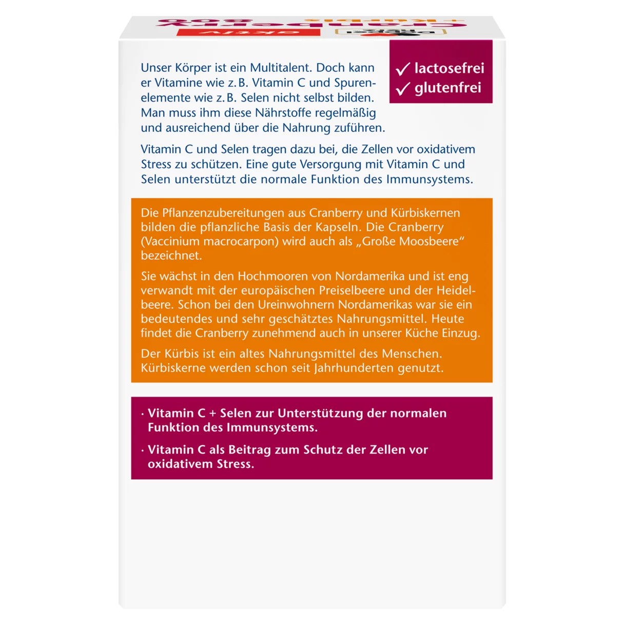 Abbildung der Produktverpackung Doppelherz aktiv Cranberry + Kürbis Rückansicht